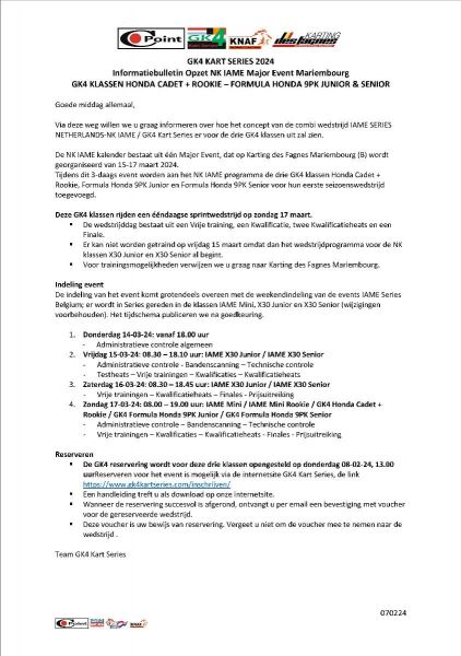 GK4 Kart Series informatie Race 1 Mariembourg - Honda Cadet en Formula Honda 9PK Junior en Senior